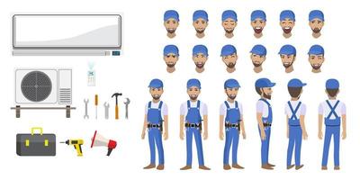 technician-repairing-split-air-conditioner-cartoon-character-head-set-and-animation-front-side-back-3-4-view-animated-character-flat-illustration-vector
